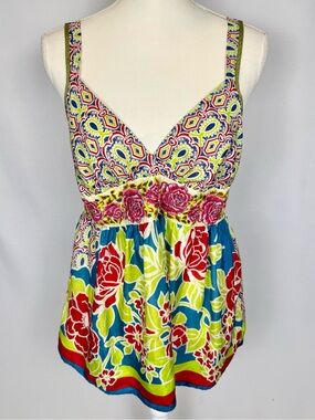 Johnny Was Silk Tank Camisole Colorful Embroidery Empire Waist Small Boho Summer